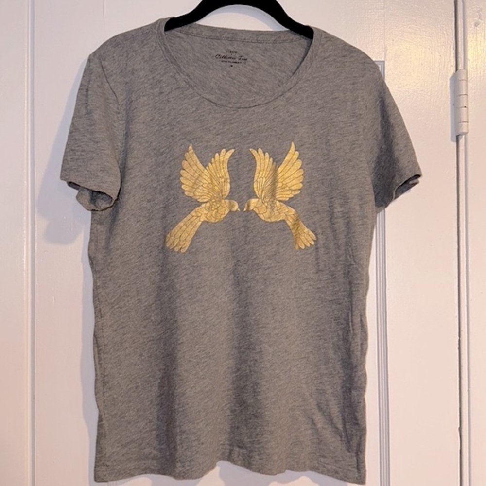 J. Crew Factory Collector Tee, grey t-shirt with gold hummingbirds. Size: M